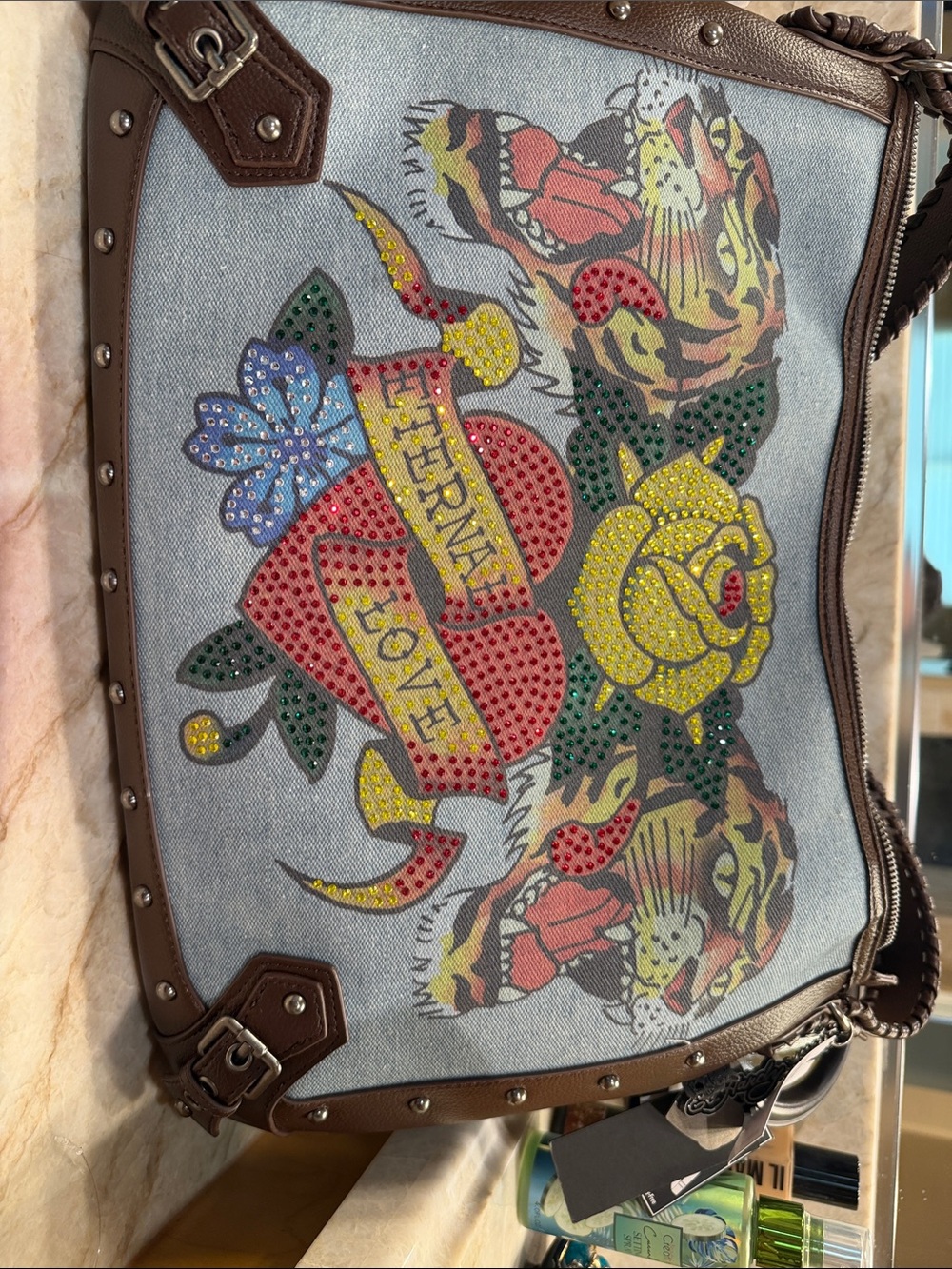 Ed Hardy Denim Shoulder Bag with Multicolor Embellished Tattoo Motif